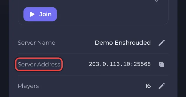 De regel Serveradres op de pagina Overzicht van een Enshrouded-server