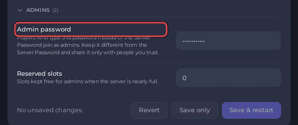 O grupo Admins com a palavra-passe de admin e os slots reservados