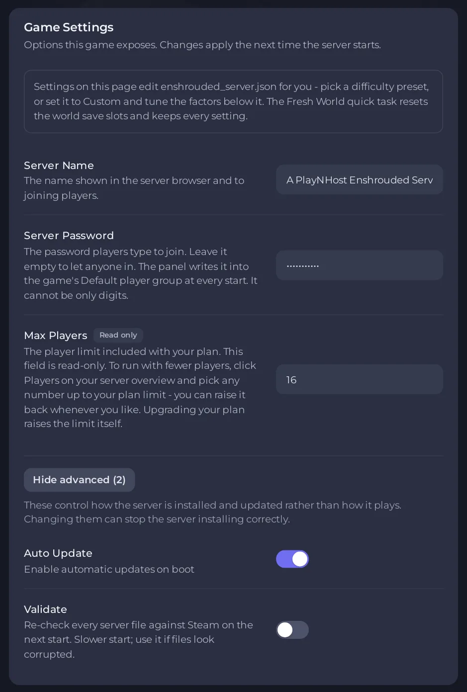 Auto Update and Validate under Show advanced on the Game Settings page