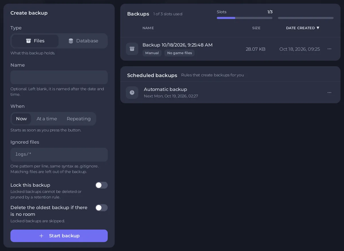 A página Backups com o formulário Criar backup de um servidor Enshrouded