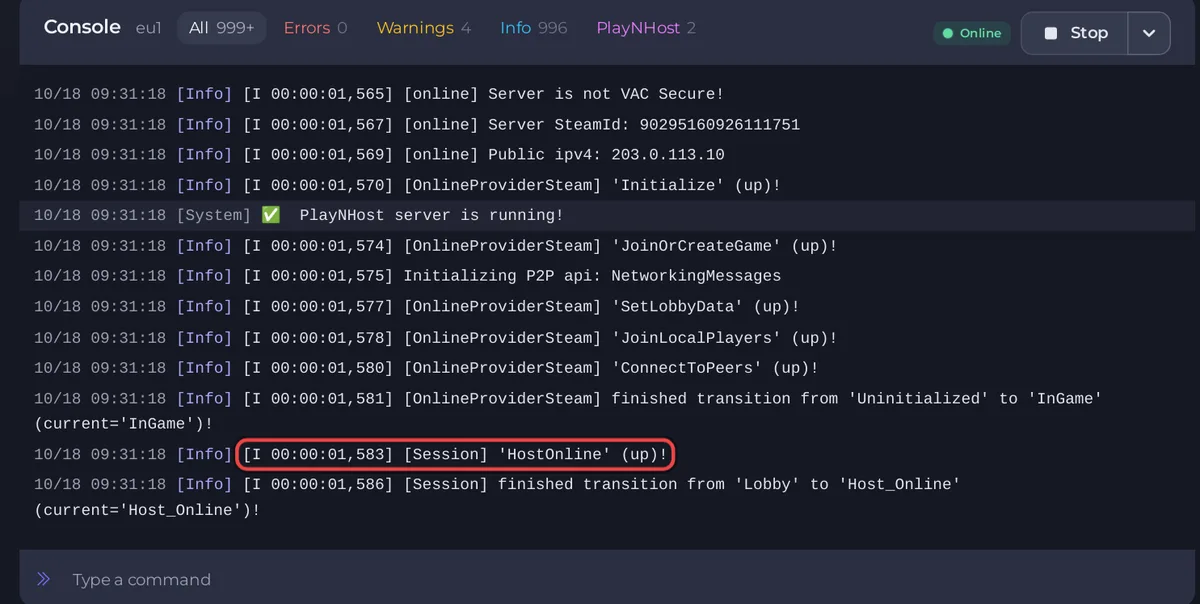 A Console de um servidor Enshrouded depois de um arranque, com a linha HostOnline assinalada