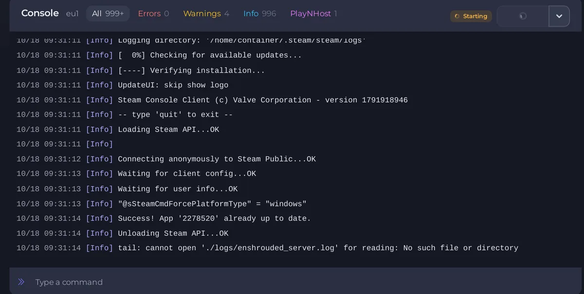 La Console di un server Enshrouded durante l'avvio