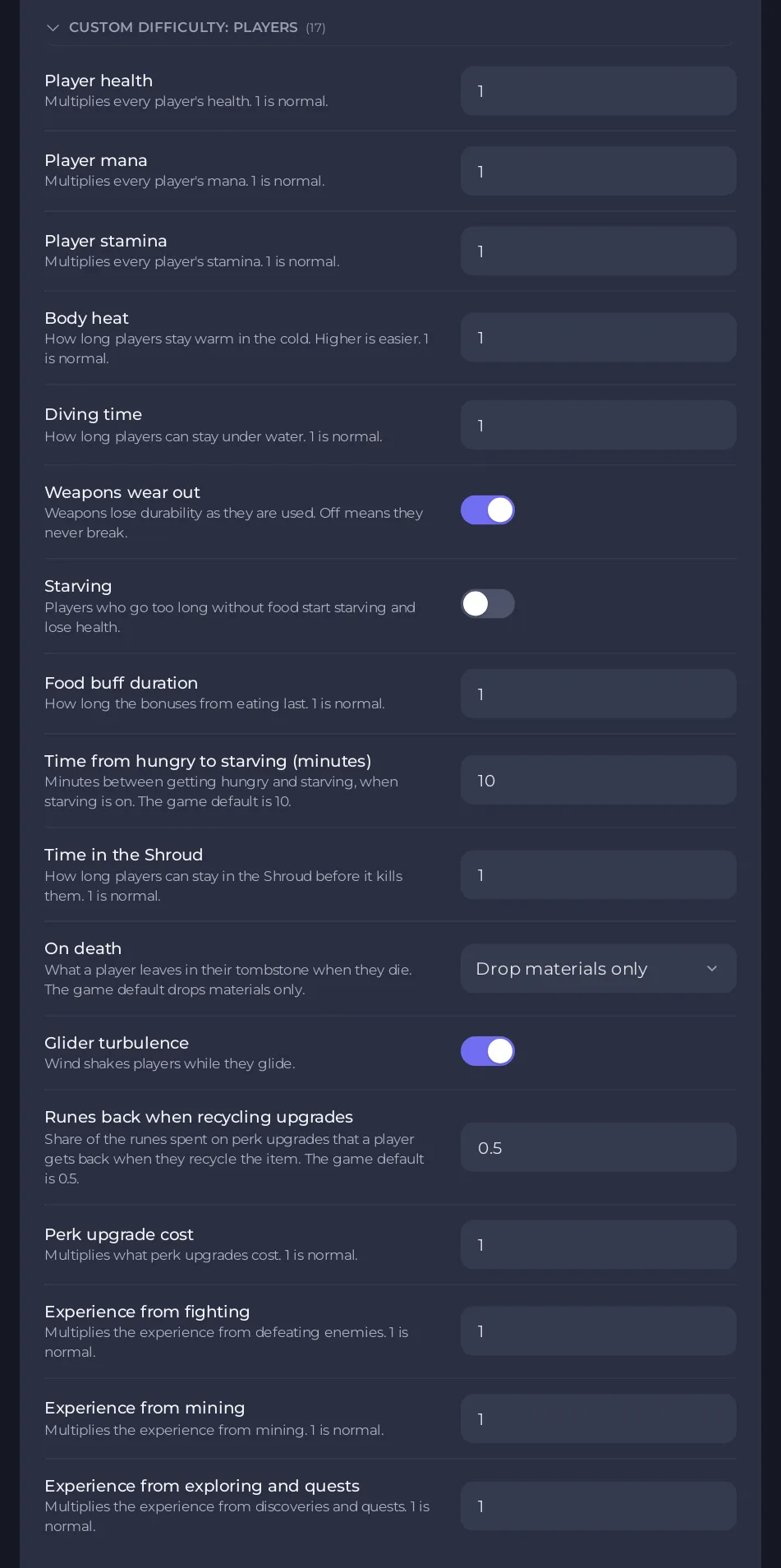 The Custom difficulty: players group on the Gameplay Settings page