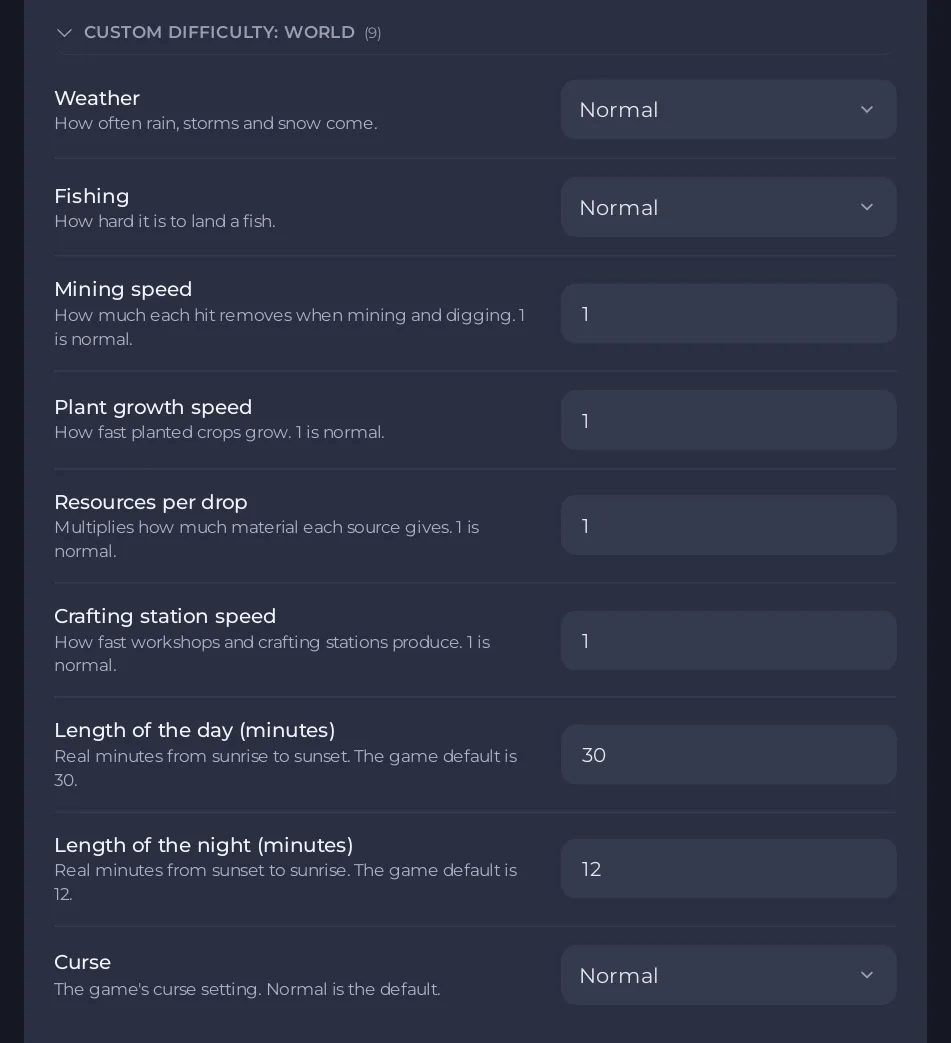 The Custom difficulty: world group on the Gameplay Settings page
