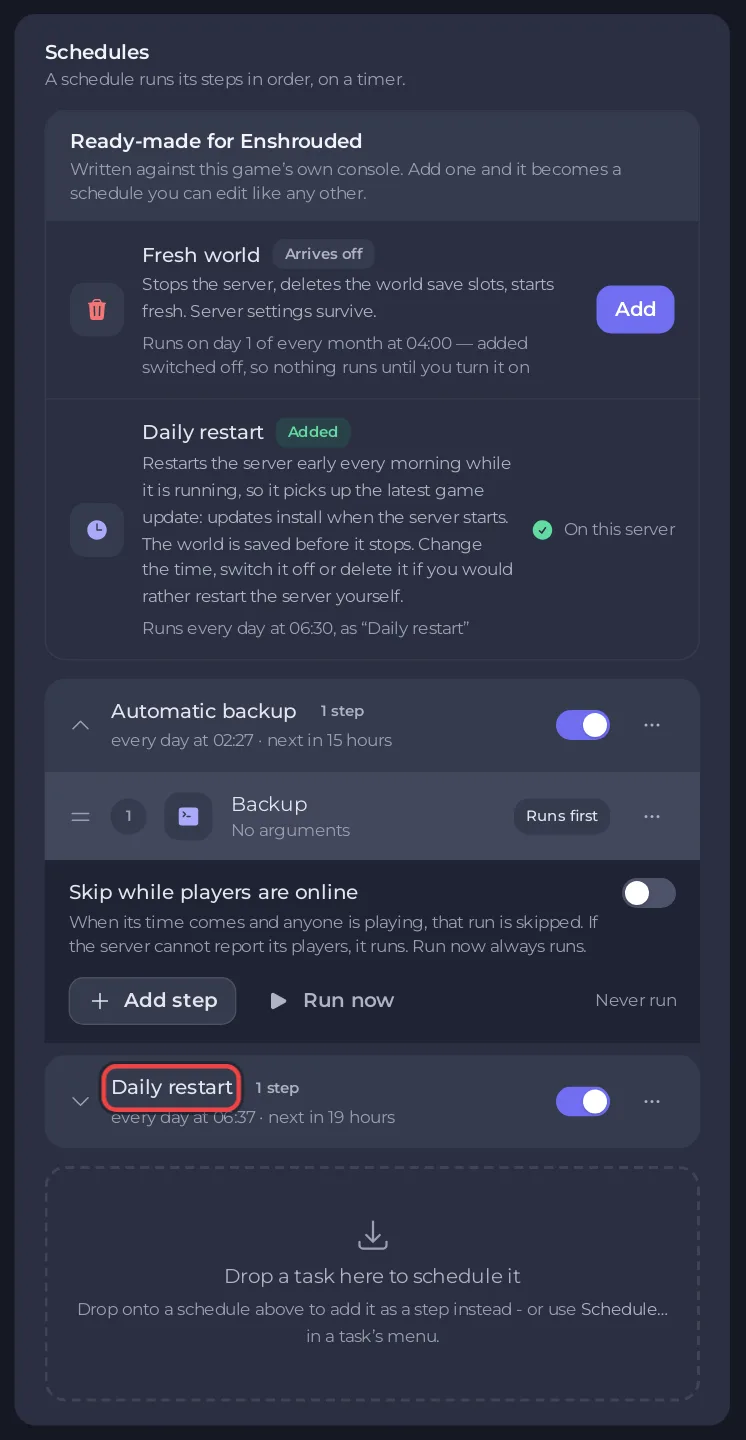 The Daily restart schedule on the Quick Tasks page