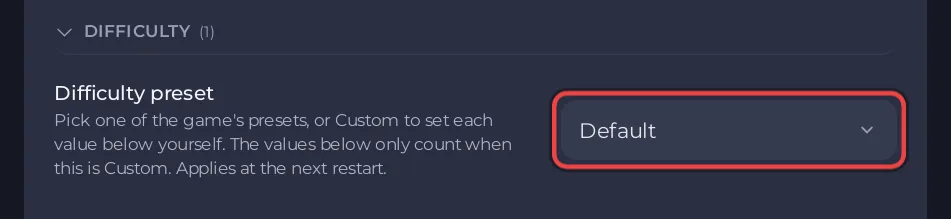 The Difficulty preset set to Custom