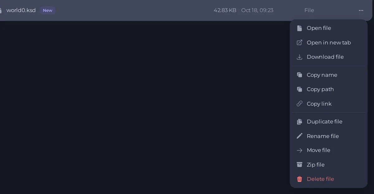 The file actions menu of world0.ksd with Rename file and Move file