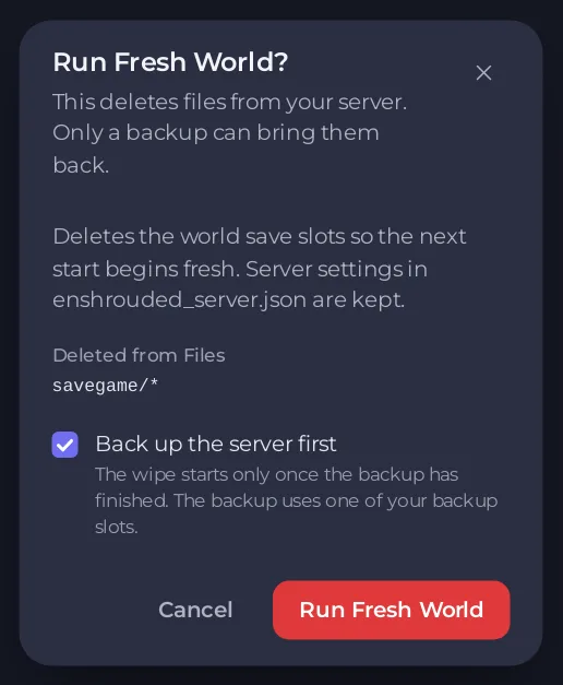 Das Fenster Neue Welt ausführen mit der Option Server vorher sichern