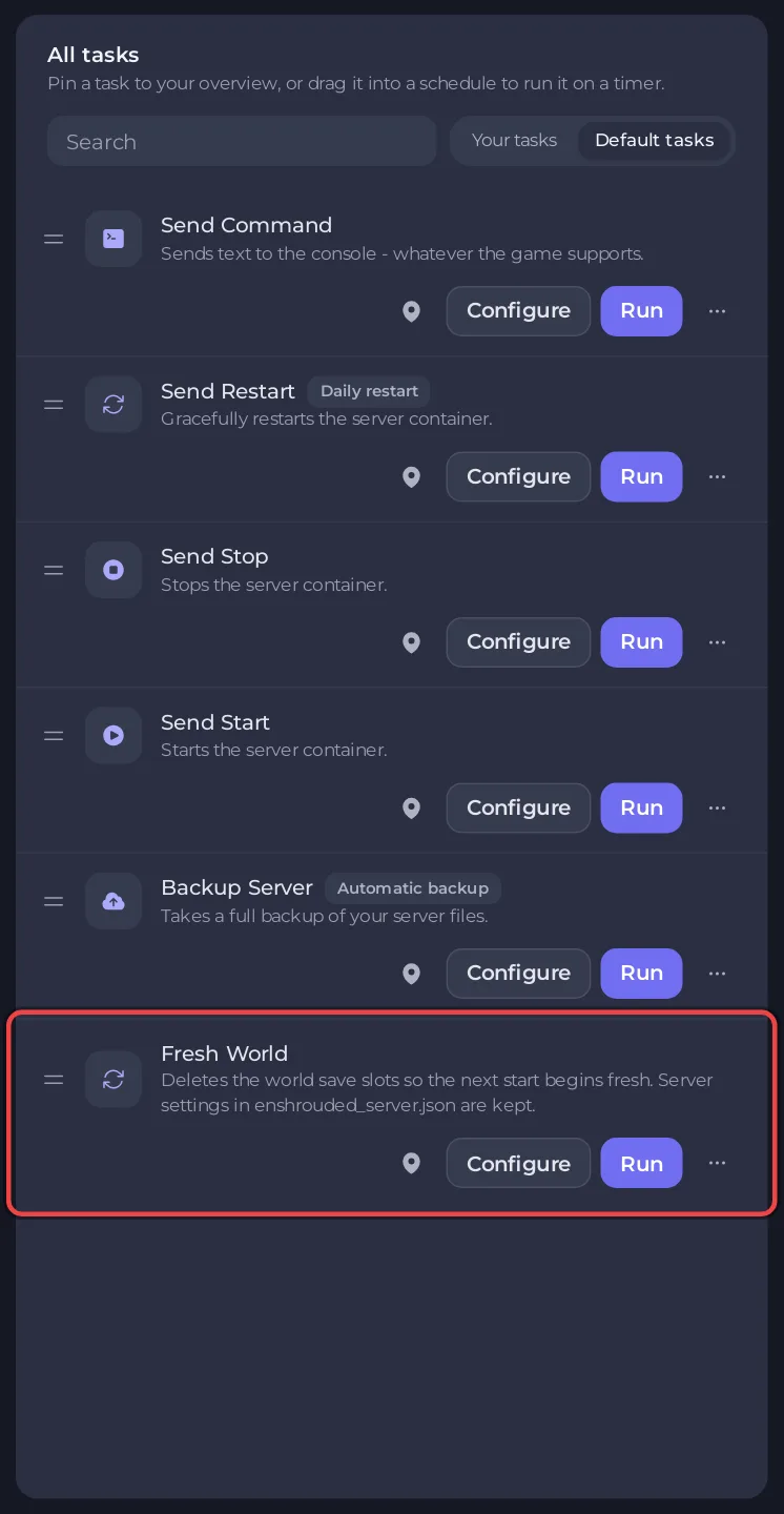 The Fresh World task in the list of default tasks