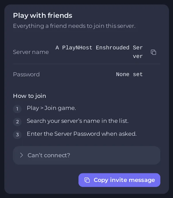 De kaart Spelen met vrienden van een Enshrouded-server, met Servernaam, Wachtwoord en Zo join je