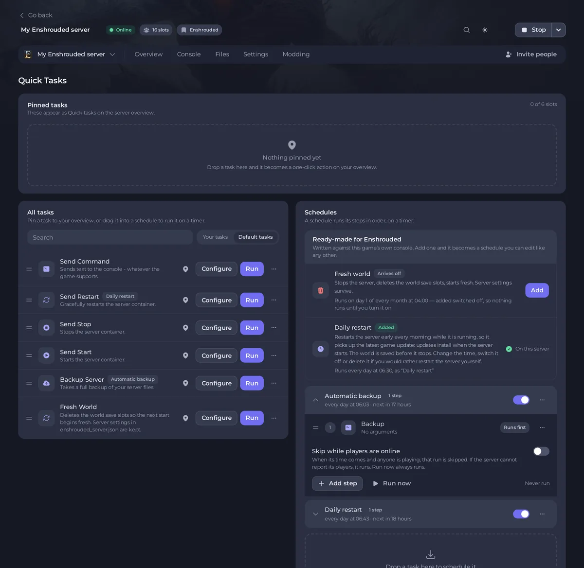 The Quick Tasks page of an Enshrouded server with Ready-made for Enshrouded