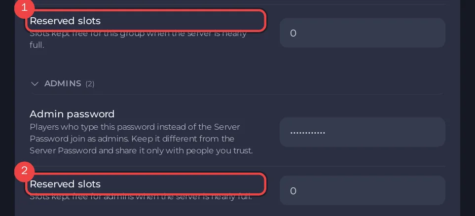 The Reserved slots fields on the Gameplay Settings page
