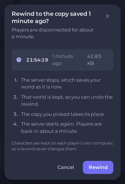 The Rewind confirmation window with the copy and the four steps