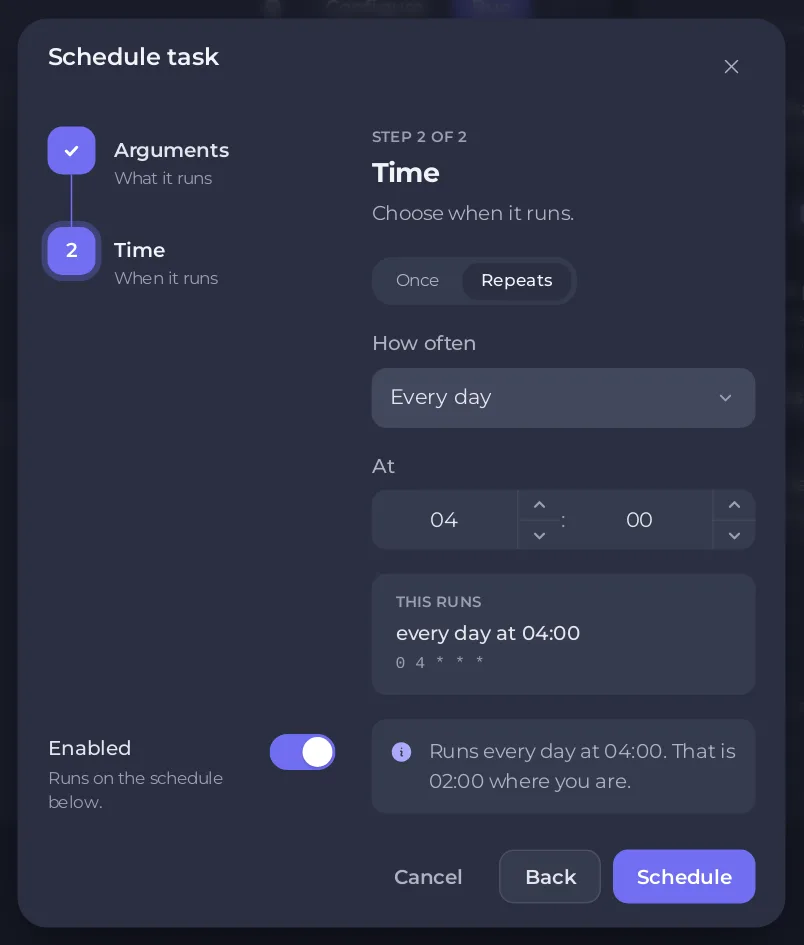 The Schedule task window with Repeats, Every day and a time
