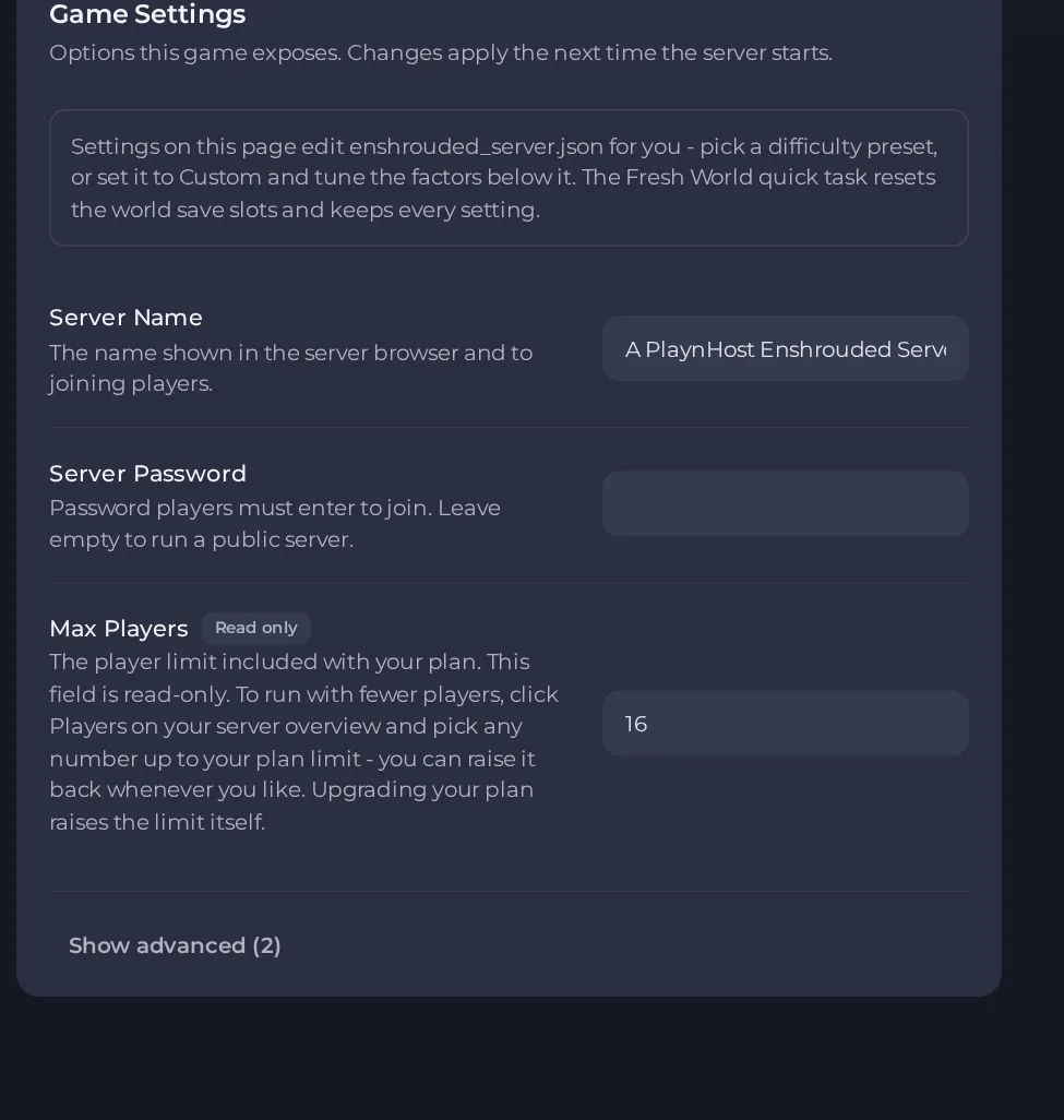The Game Settings page of an Enshrouded server in the panel