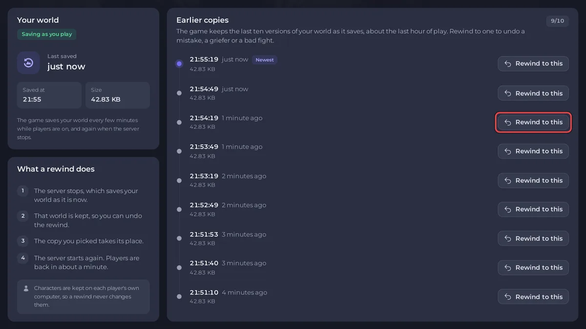 The Worlds page with Your world and the timeline of Earlier copies