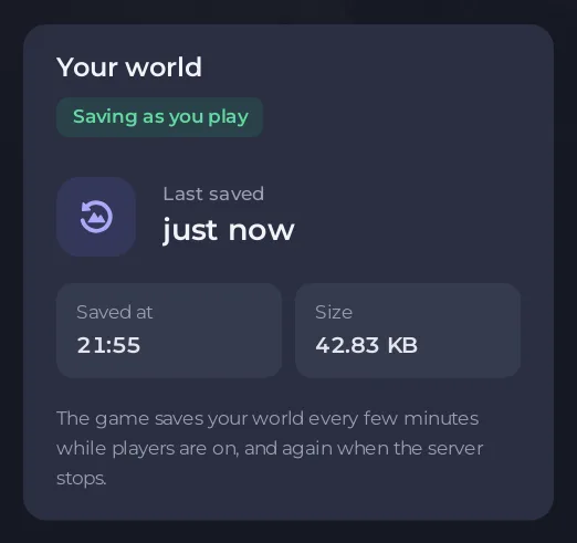 The Your world card on the Worlds page with Last saved, Saved at and Size