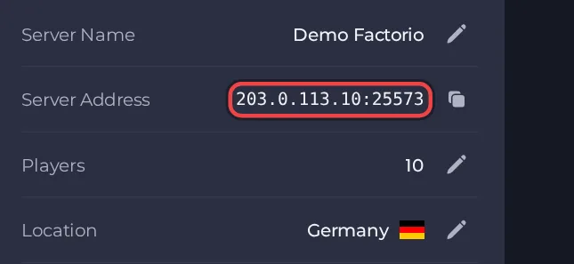The Server Address row on the Overview page of a Factorio server
