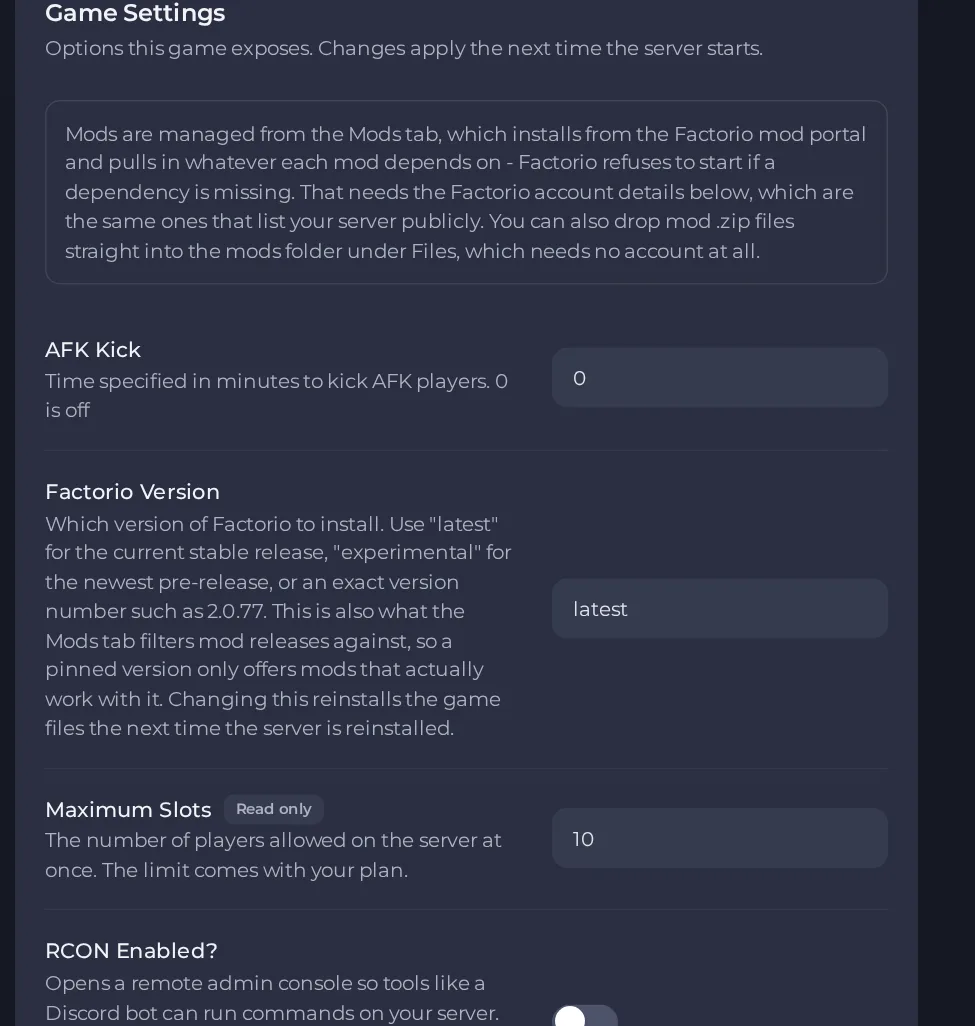 The Game Settings page of a Factorio server in the panel