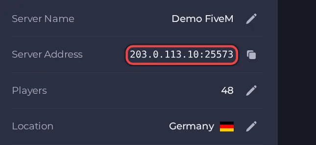 The Server Address row on the Overview page of a FiveM server