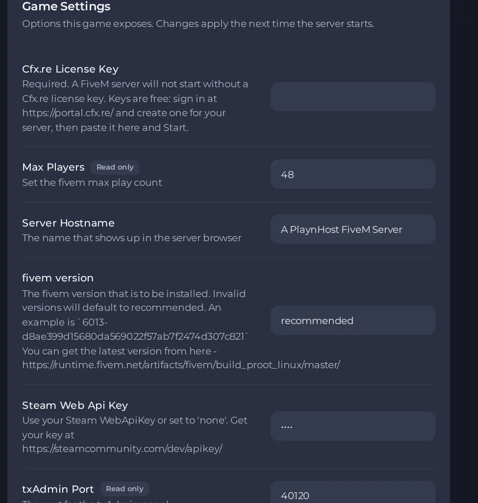 The Game Settings page of a FiveM server in the panel