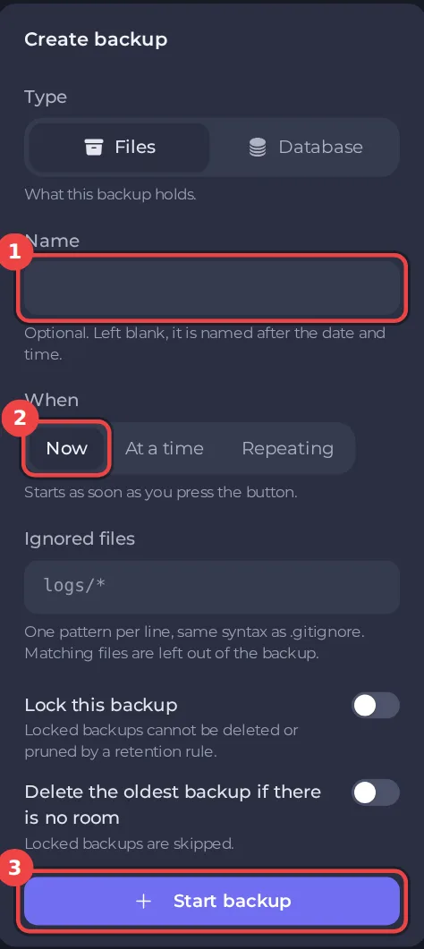 The Create backup form with the name field, When options and the Start backup button