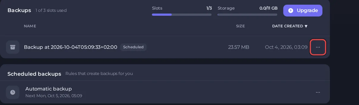 The backup slots and storage counters with the actions menu of a backup highlighted