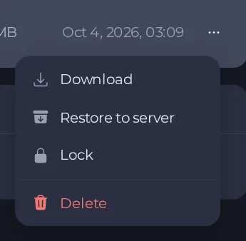 The backup actions menu with Download, Restore to server, Lock and Delete