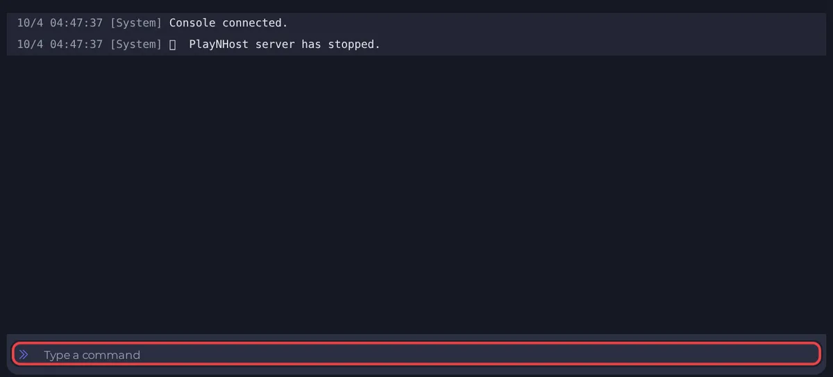 The console with its output and the command box highlighted