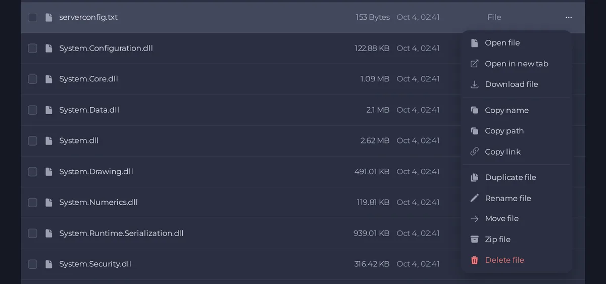 The file actions menu with Open file, Download file, Copy name, Duplicate, Rename, Move, Zip and Delete
