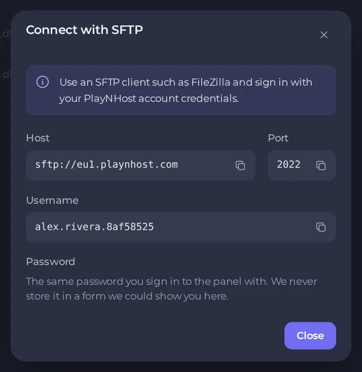 The SFTP details window with Host, Port and Username fields