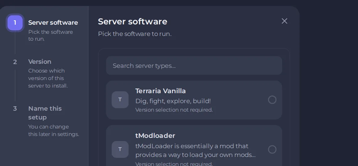 The Create new window, step one: choose the server software