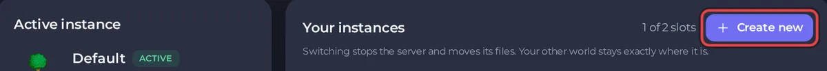 The Instances page with the active instance, the slot counter and the Create new button