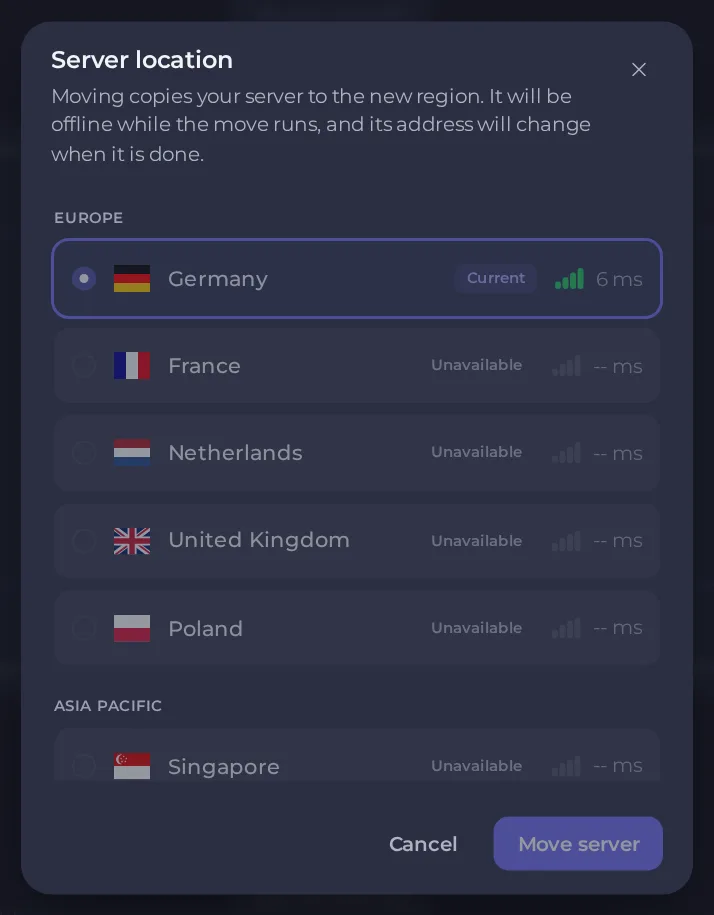 The server location window listing regions, with Germany marked as current and the others unavailable