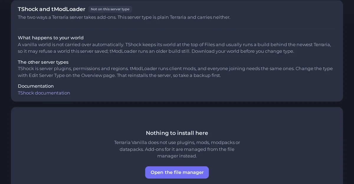 The Modding tab of a vanilla server, explaining that it takes no add-ons and listing the other server types