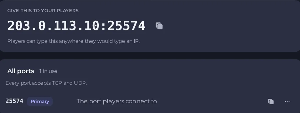 The Ports and Network page with the address to give to players and the list of ports