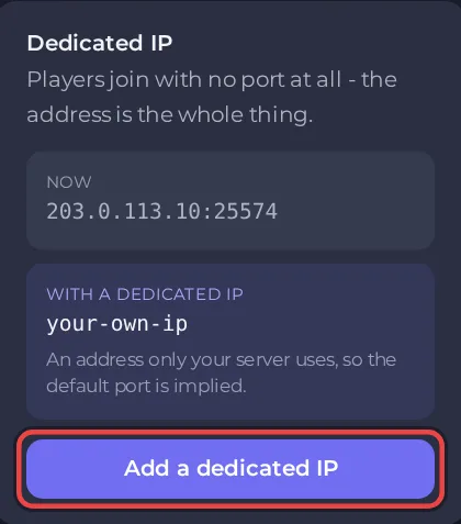 The Dedicated IP panel comparing the current address with a dedicated address