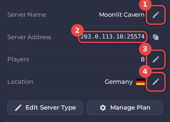 The Overview details with edit buttons next to server name, players and location