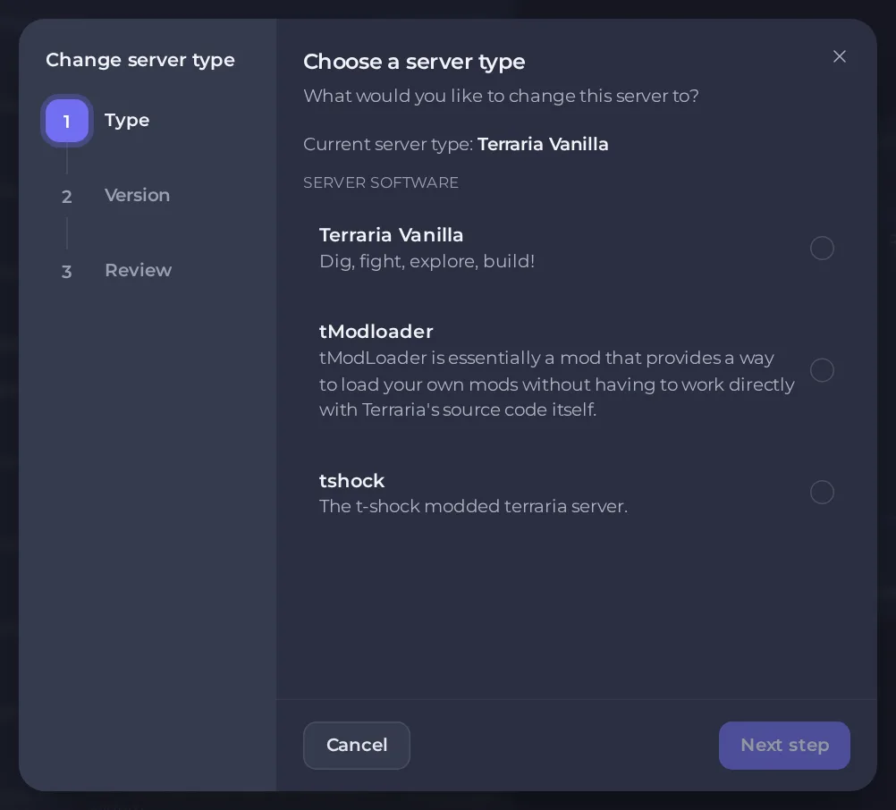 The Change server type window listing the available server types