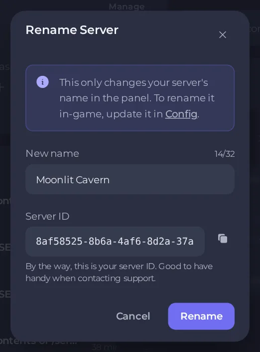 The Rename Server window with the new name field and the server ID