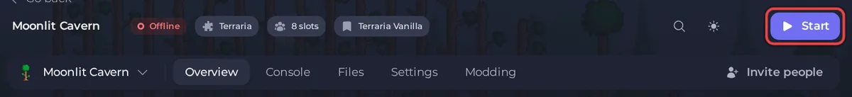 The Start button in the server header