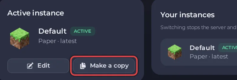 The Active instance card on the Instances page with the Make a copy button
