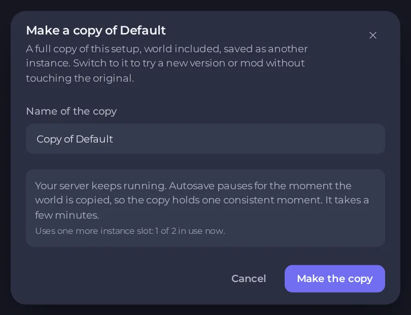 The Make a copy window that copies a game server into a new instance