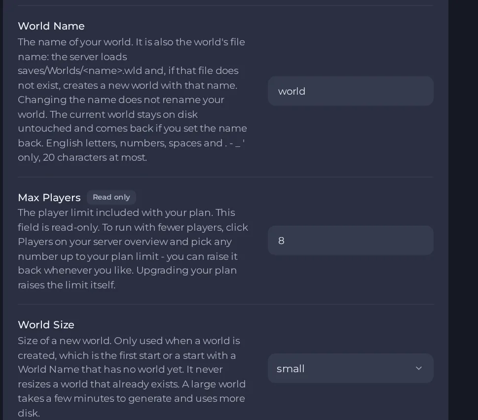 The Game Settings page of a Terraria server