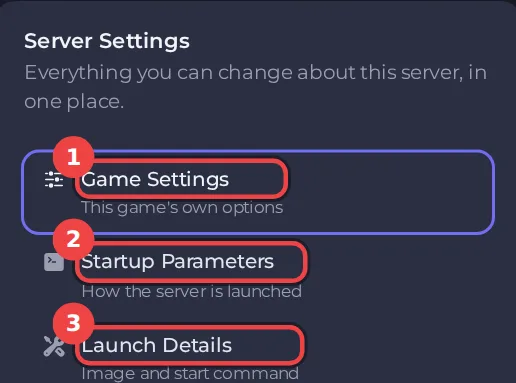 The Server Settings menu with Game Settings, Startup Parameters and Launch Details