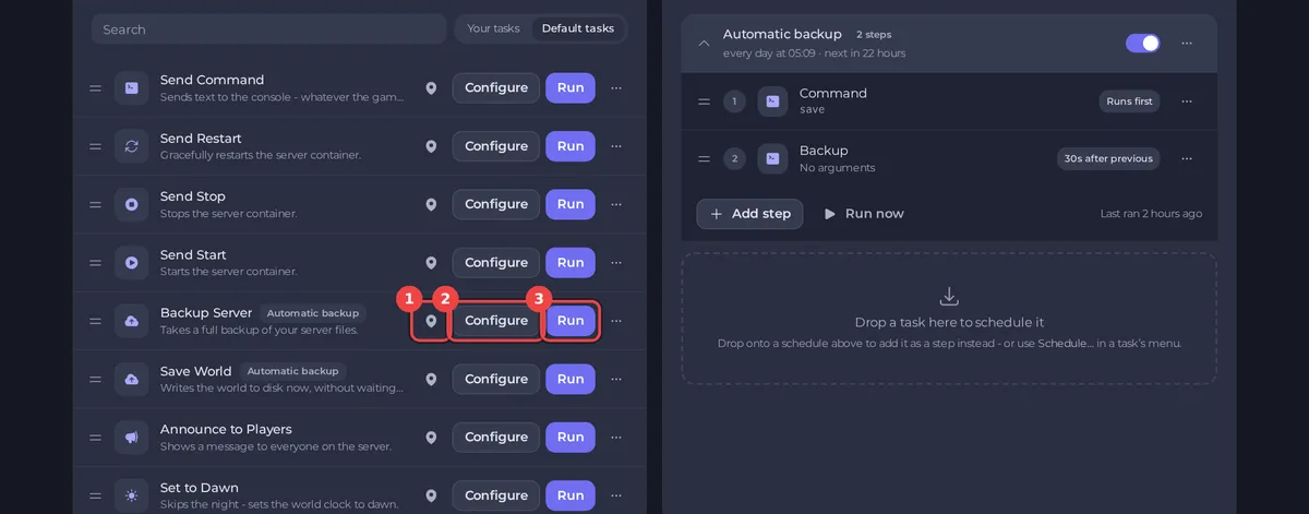 The default tasks list with Pin, Configure and Run buttons on the Backup Server row