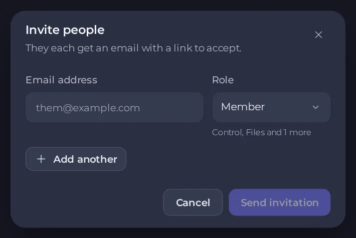 The invitation window with email address and role