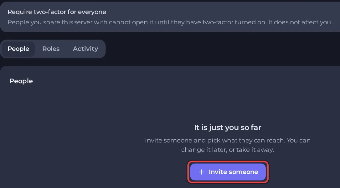 The Team and Roles page with the Invite someone button