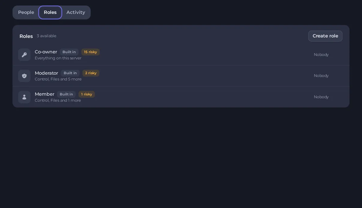 The Roles tab listing Co-owner, Moderator and Member