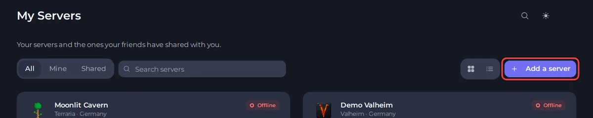 The My servers page with the Add a server button